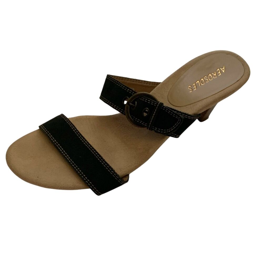Aerosoles Black Leather Open Toe Heels SIZE 8.5 Strappy Buckle Powpya Sandals